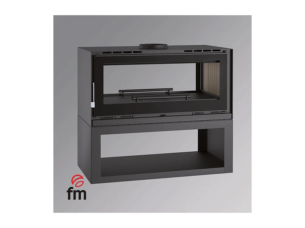 Poêle-cheminée double face en acier sur bûcher avec turbines, foyer en vermiculite, verre serigraphié - Fjord