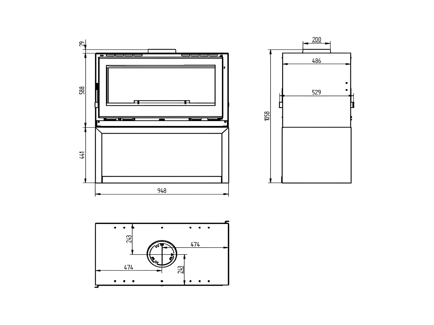 Poêle-cheminée double face en acier sur bûcher avec turbines, foyer en vermiculite, verre serigraphié - Fjord