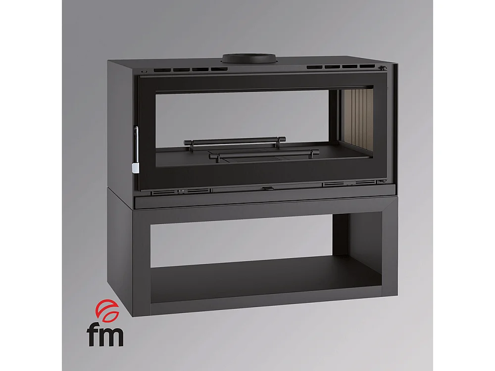 Poêle-cheminée double face en acier sur bûcher avec turbines, foyer en vermiculite, verre serigraphié - Fjord