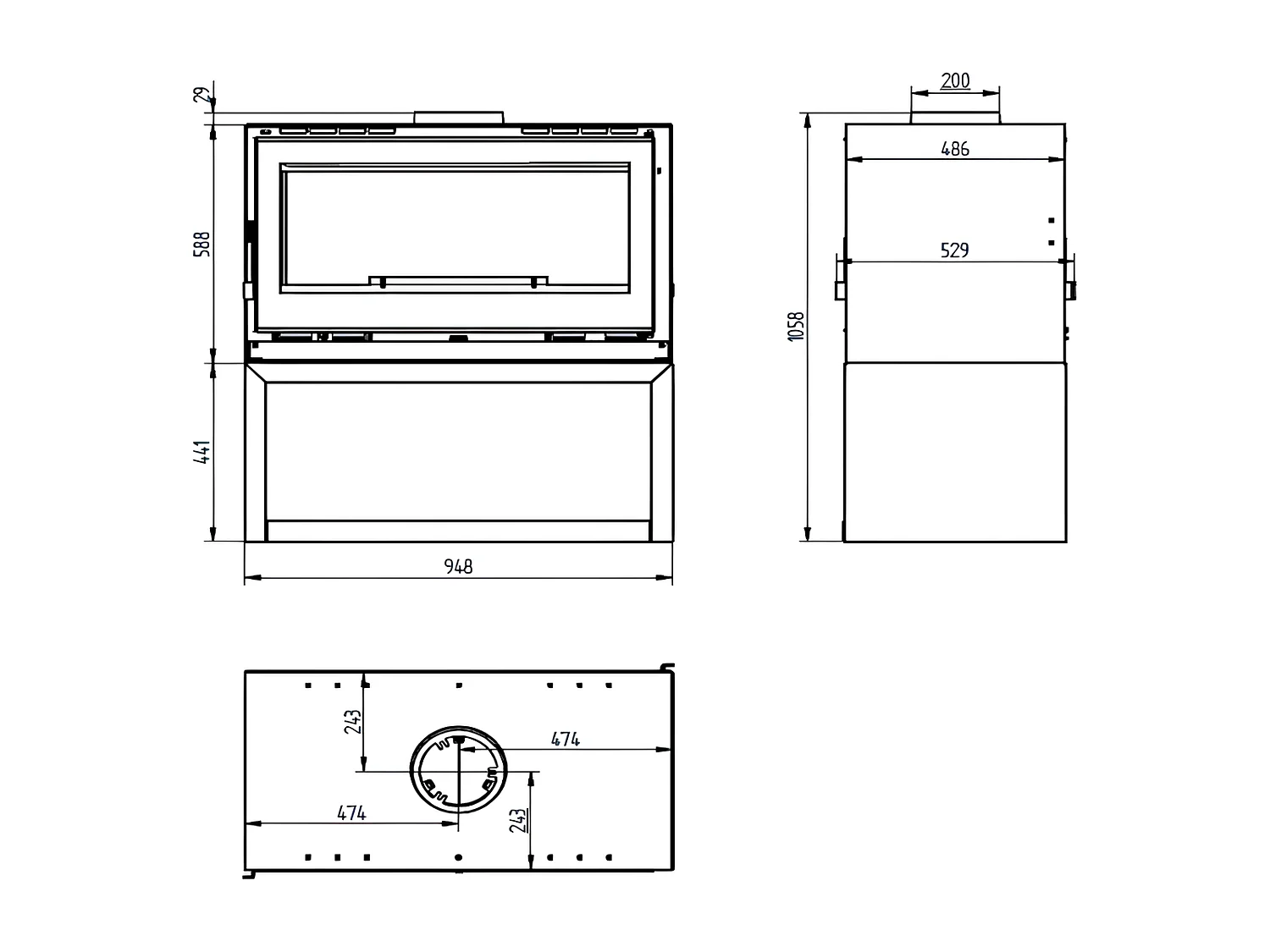 Poêle-cheminée double face en acier sur bûcher avec turbines, foyer en vermiculite, verre serigraphié - Fjord