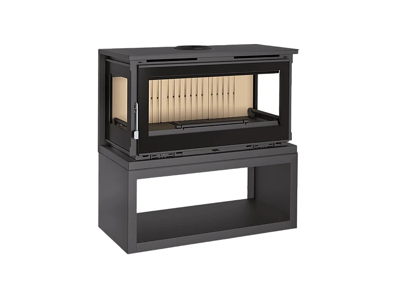 Poêle-cheminée 3 cotés vitrés en acier sur bûcher avec turbines, foyer en vermiculite, verre serigraphié - CharbonChic