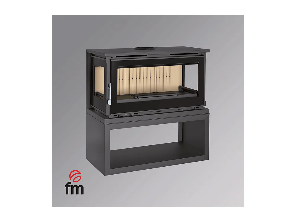 Poêle-cheminée 3 cotés vitrés en acier sur bûcher avec turbines, foyer en vermiculite, verre serigraphié - CharbonChic