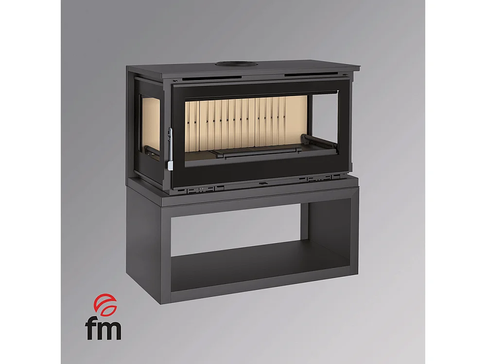 Poêle-cheminée 3 cotés vitrés en acier sur bûcher avec turbines, foyer en vermiculite, verre serigraphié - CharbonChic