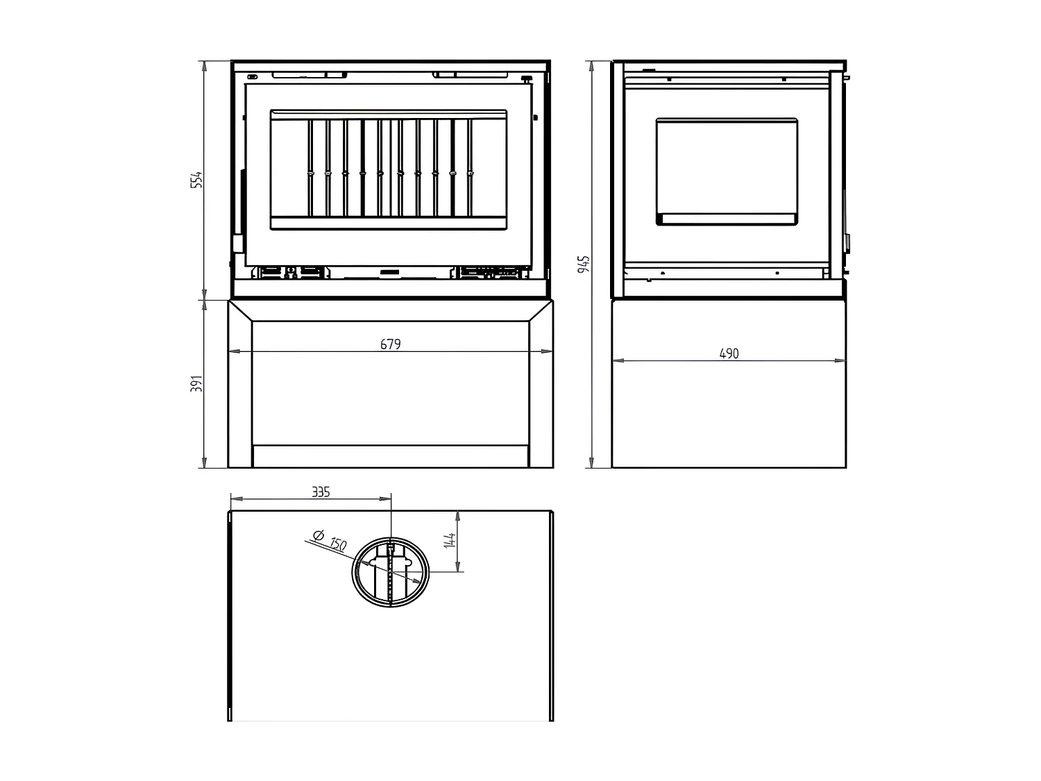 Poêle-cheminée 3 cotés vitrés en acier sur bûcher avec turbines, foyer en vermiculite, verre serigraphié - CharbonChic