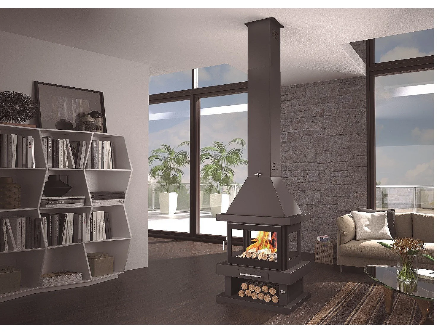 Cheminée centrale en acier, bûcher inférieur - CalorDesign - sans sérigraphie