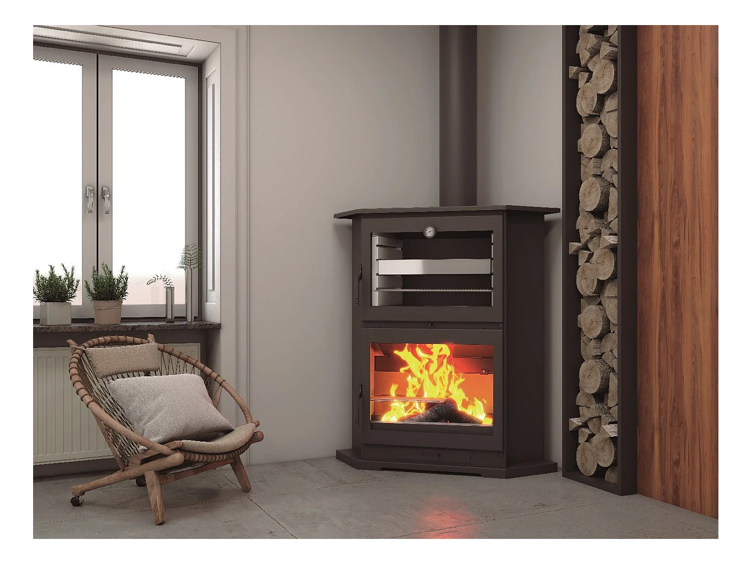 Poêle à bois de coin en acier, four de face - ÉcoFlamme