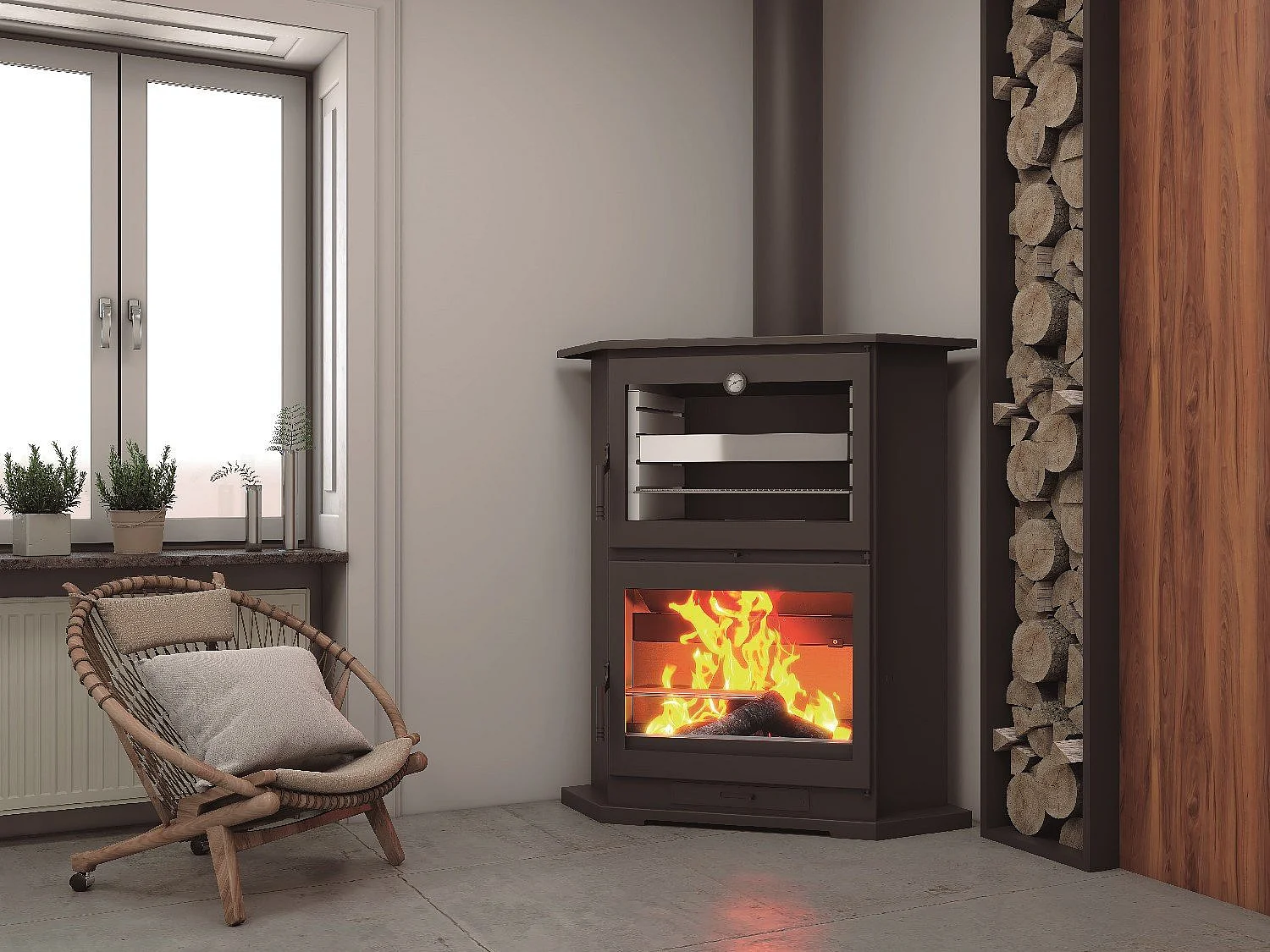 Poêle à bois de coin en acier, four de face - ÉcoFlamme