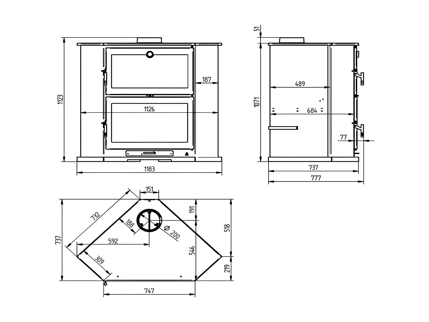 Poêle à bois de coin en acier, four de face - ÉcoFlamme