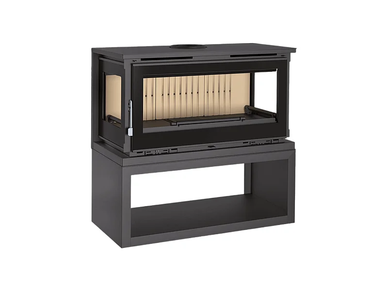 Poêle-cheminée 3 cotés vitrés en acier sur bûcher avec turbines, foyer en vermiculite, verre serigraphié - FeuPierre