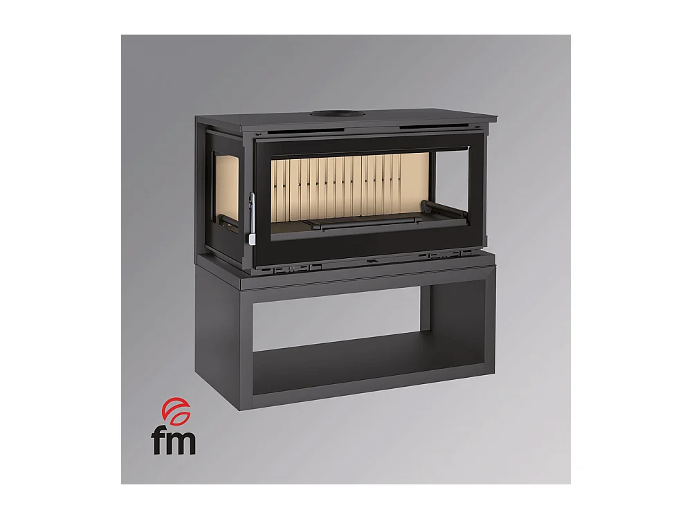Poêle-cheminée 3 cotés vitrés en acier sur bûcher avec turbines, foyer en vermiculite, verre serigraphié - FeuPierre