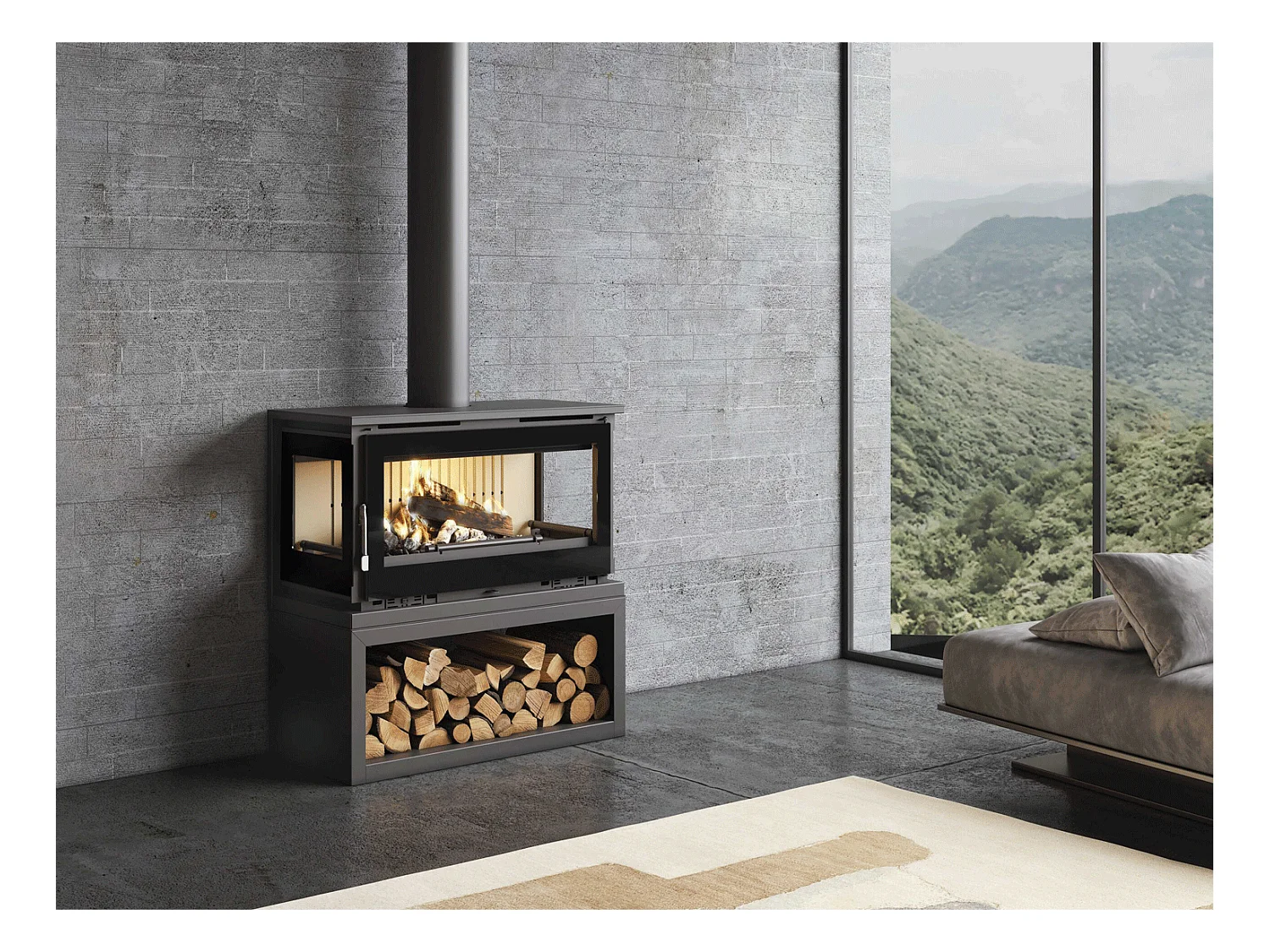 Poêle-cheminée 3 cotés vitrés en acier sur bûcher avec turbines, foyer en vermiculite, verre serigraphié - FeuPierre