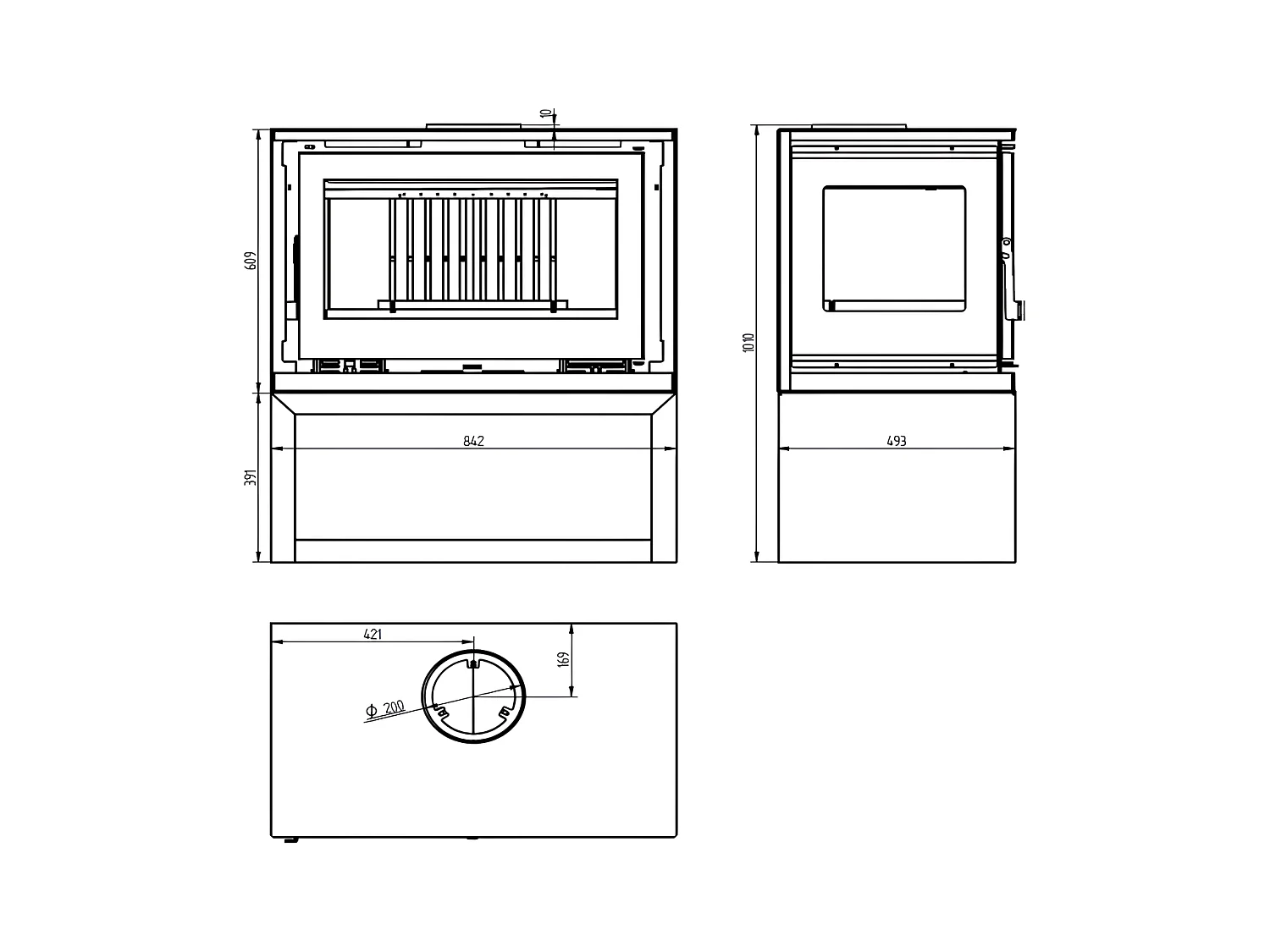 Poêle-cheminée 3 cotés vitrés en acier sur bûcher avec turbines, foyer en vermiculite, verre serigraphié - FeuPierre