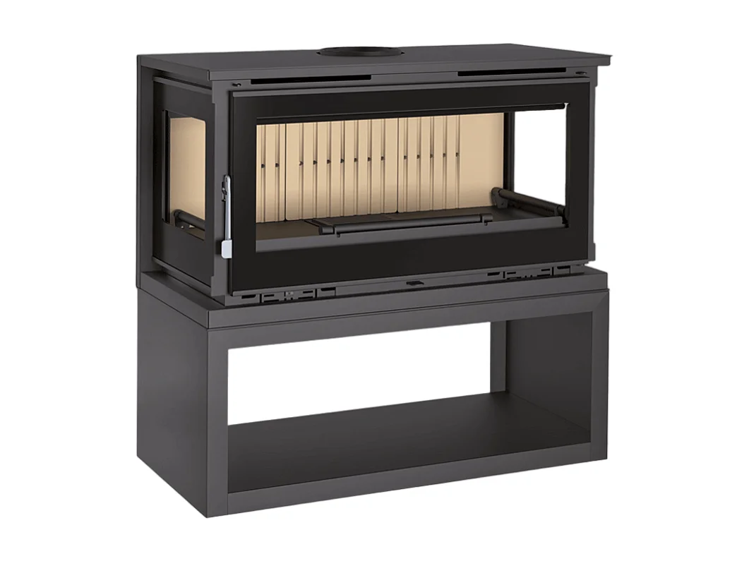 Poêle-cheminée 3 cotés vitrés en acier sur bûcher avec turbines, foyer en vermiculite, verre serigraphié - FeuPierre