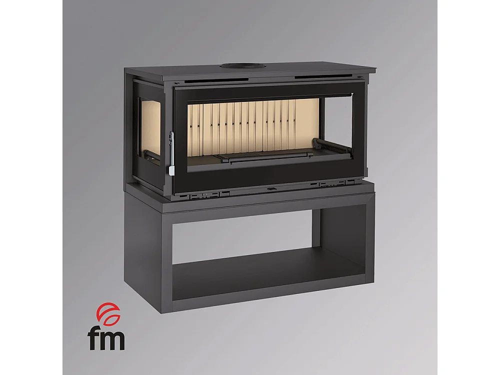 Poêle-cheminée 3 cotés vitrés en acier sur bûcher avec turbines, foyer en vermiculite, verre serigraphié - FeuPierre