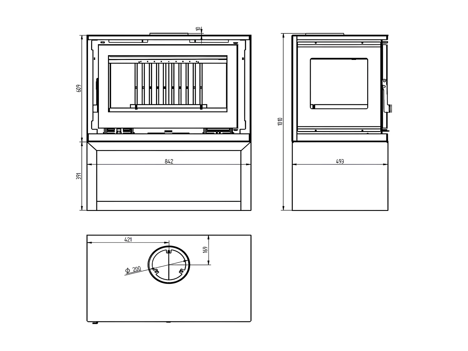 Poêle-cheminée 3 cotés vitrés en acier sur bûcher avec turbines, foyer en vermiculite, verre serigraphié - FeuPierre
