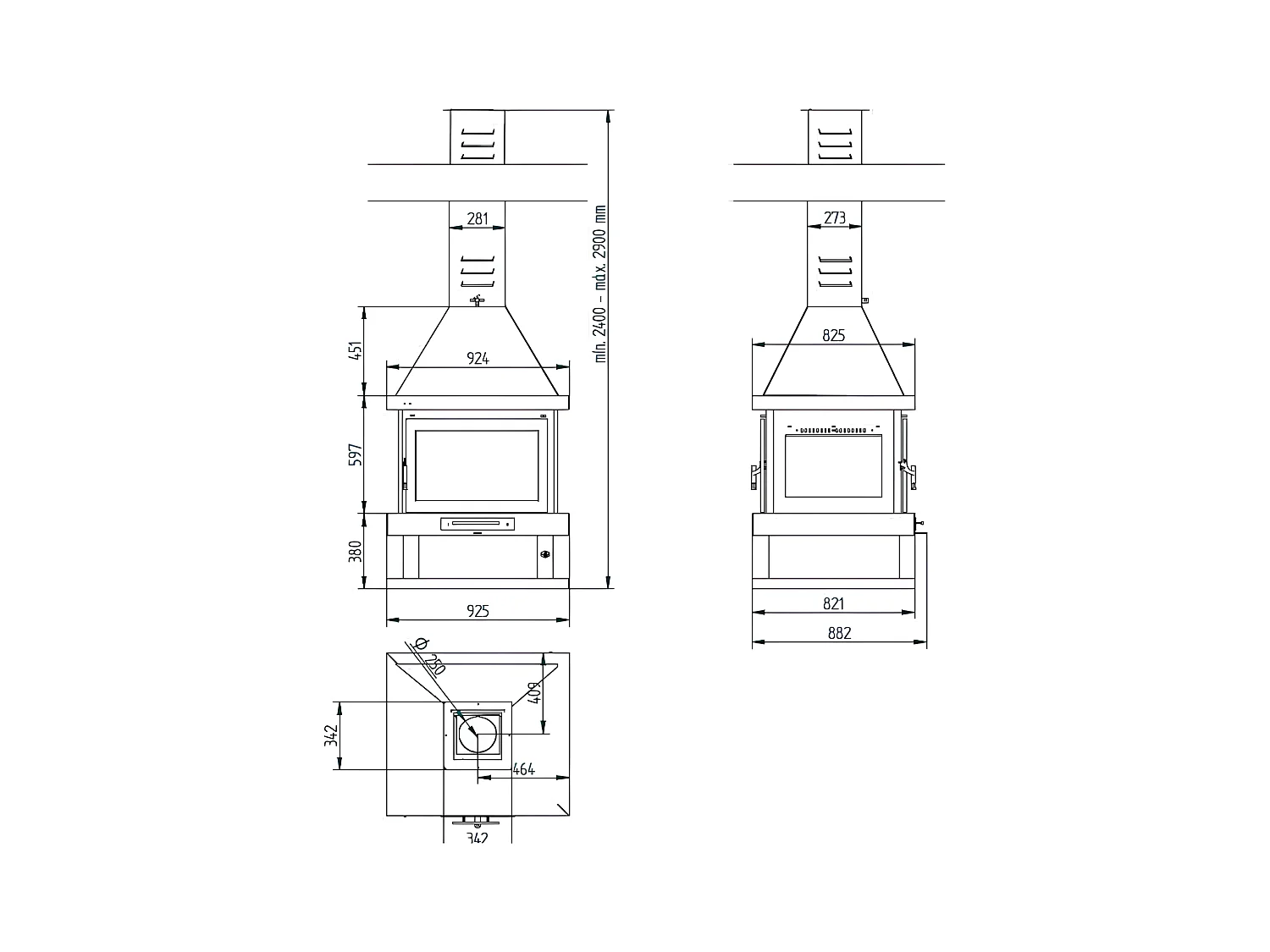 Cheminée centrale en acier, 2 portes, bûcher inférieur - ProvençaHeat - sans sérigraphie
