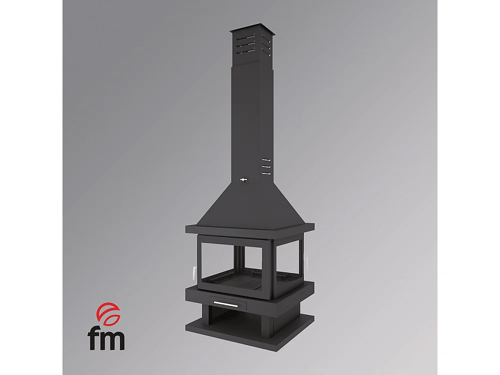 Cheminée centrale en acier, 2 portes, bûcher inférieur - ProvençaHeat - sans sérigraphie