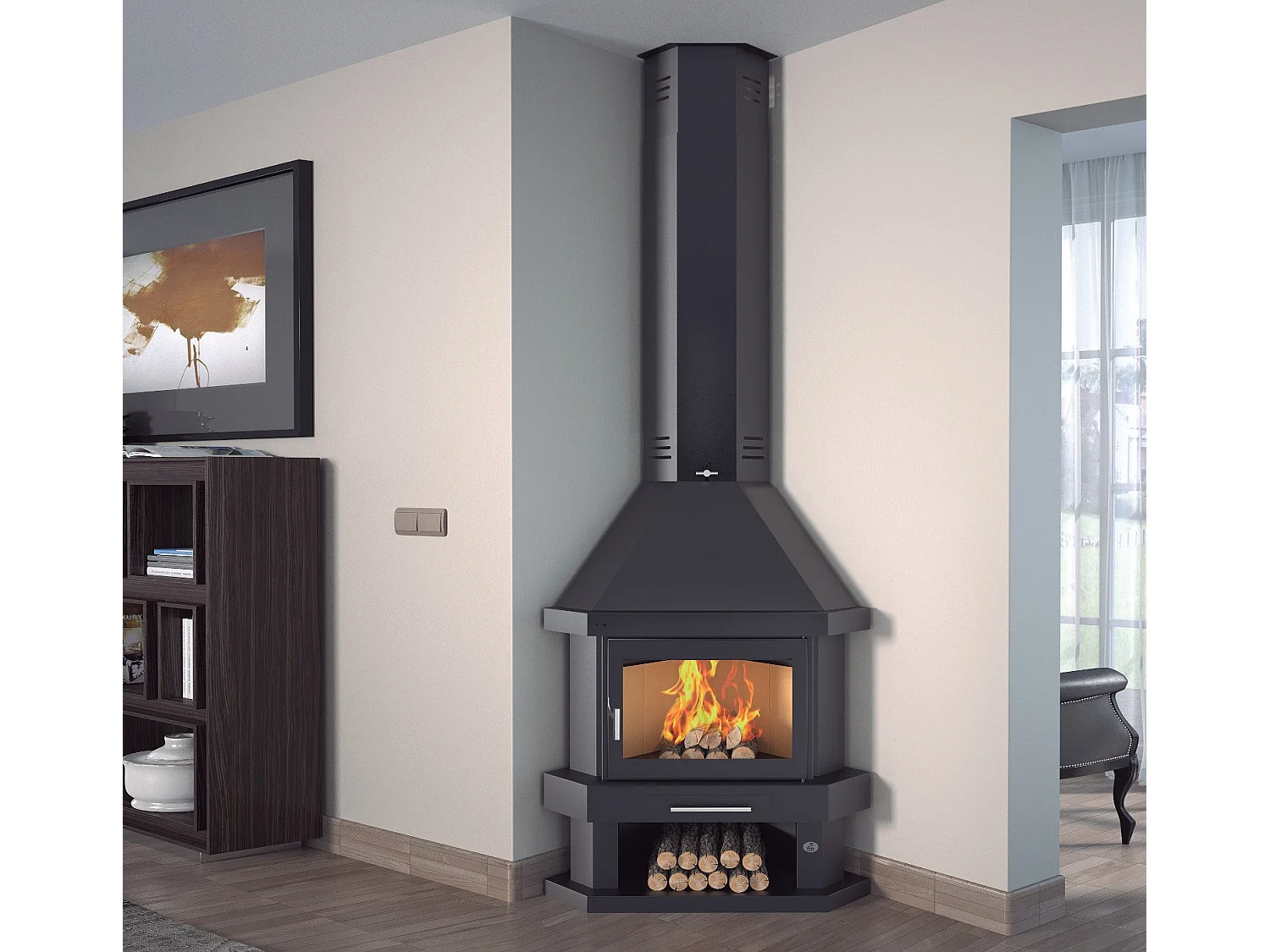 Cheminée à bois de coin en acier, bûcher inférieur - Ambiança - intérieur en vermiculite