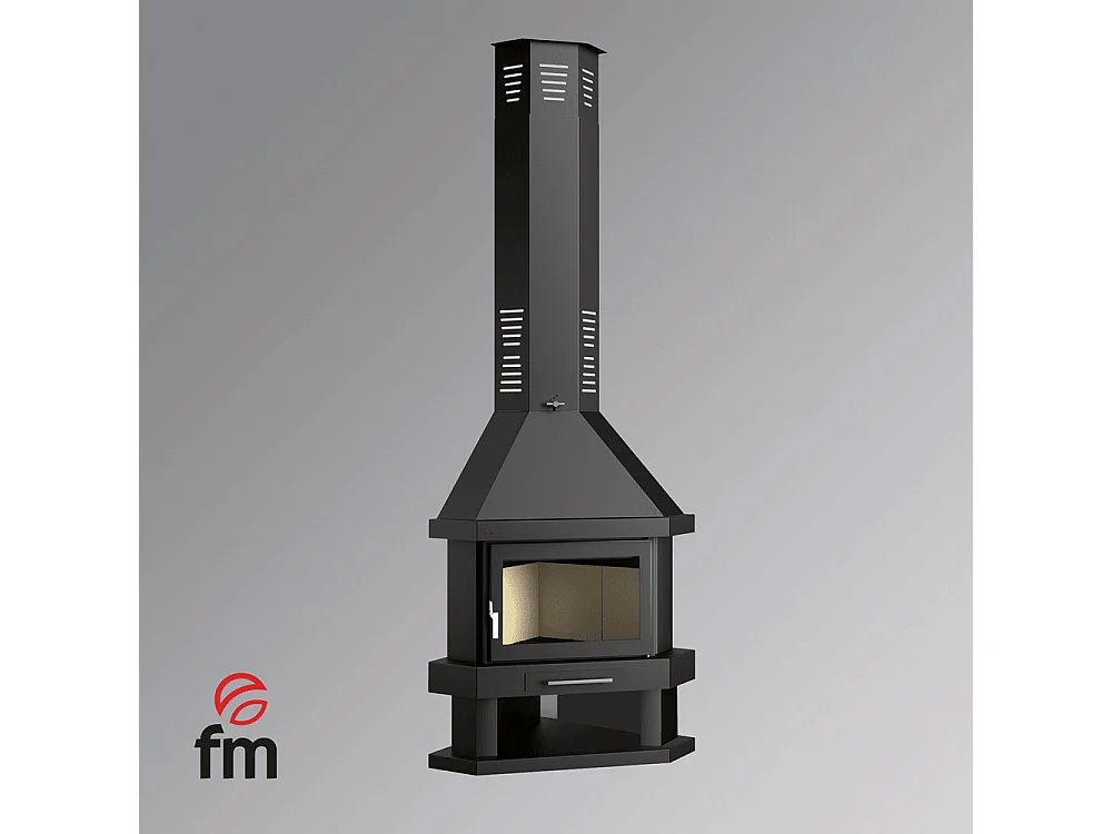 Cheminée à bois de coin en acier, bûcher inférieur - Ambiança - intérieur en vermiculite