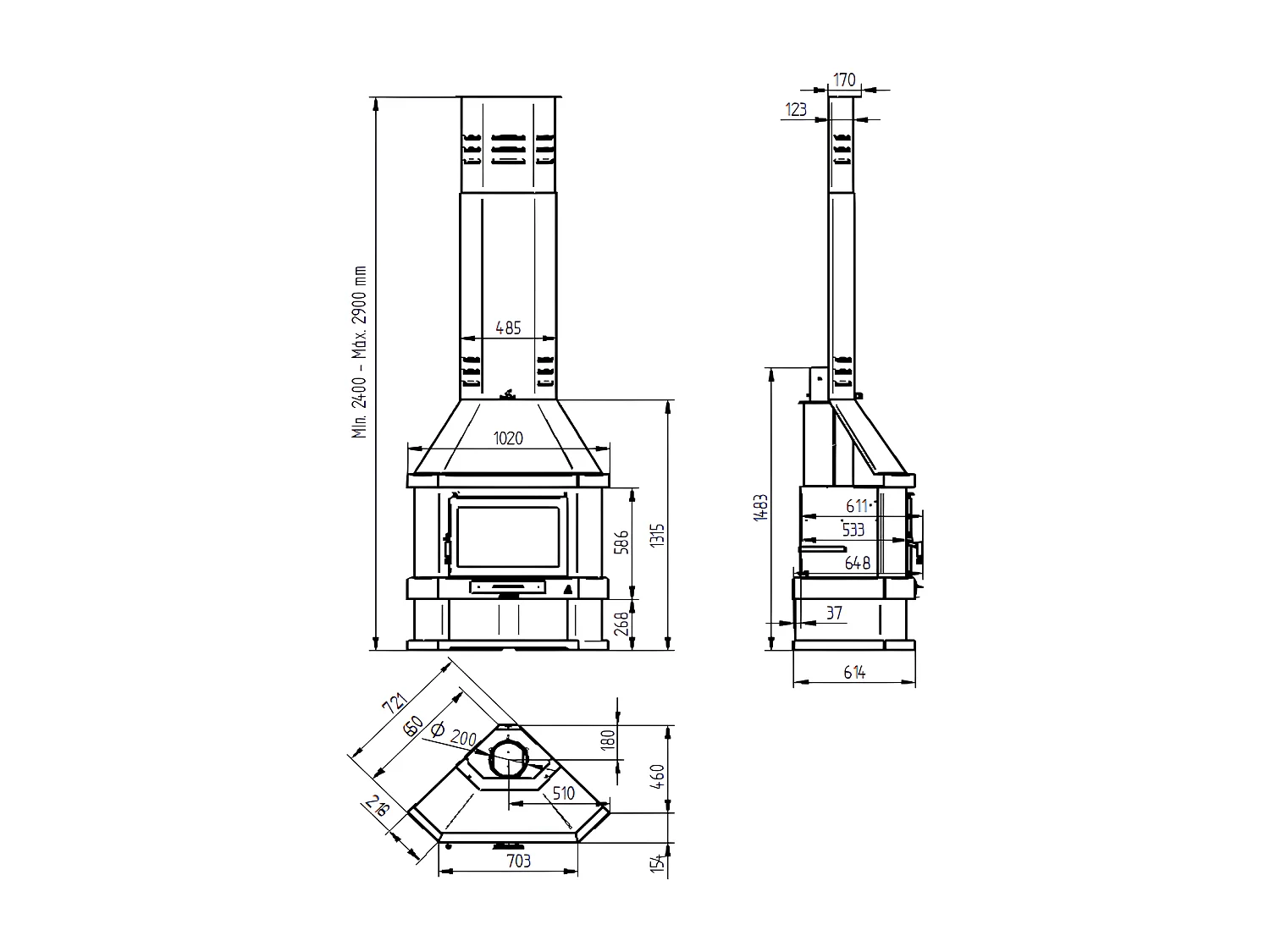 Cheminée à bois de coin en acier, bûcher inférieur - Ambiança - intérieur en vermiculite