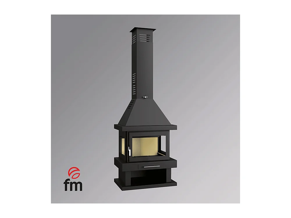 Cheminée à bois en acier, 3 cotés vitrés, bûcher inférieur - FeuVif - intérieur en vermiculite