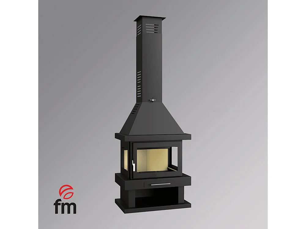 Cheminée à bois en acier, 3 cotés vitrés, bûcher inférieur - FeuVif - intérieur en vermiculite