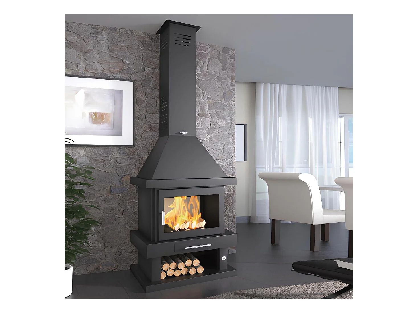 Cheminée à bois en acier, bûcher inférieur - Lignéo - intérieur en vermiculite