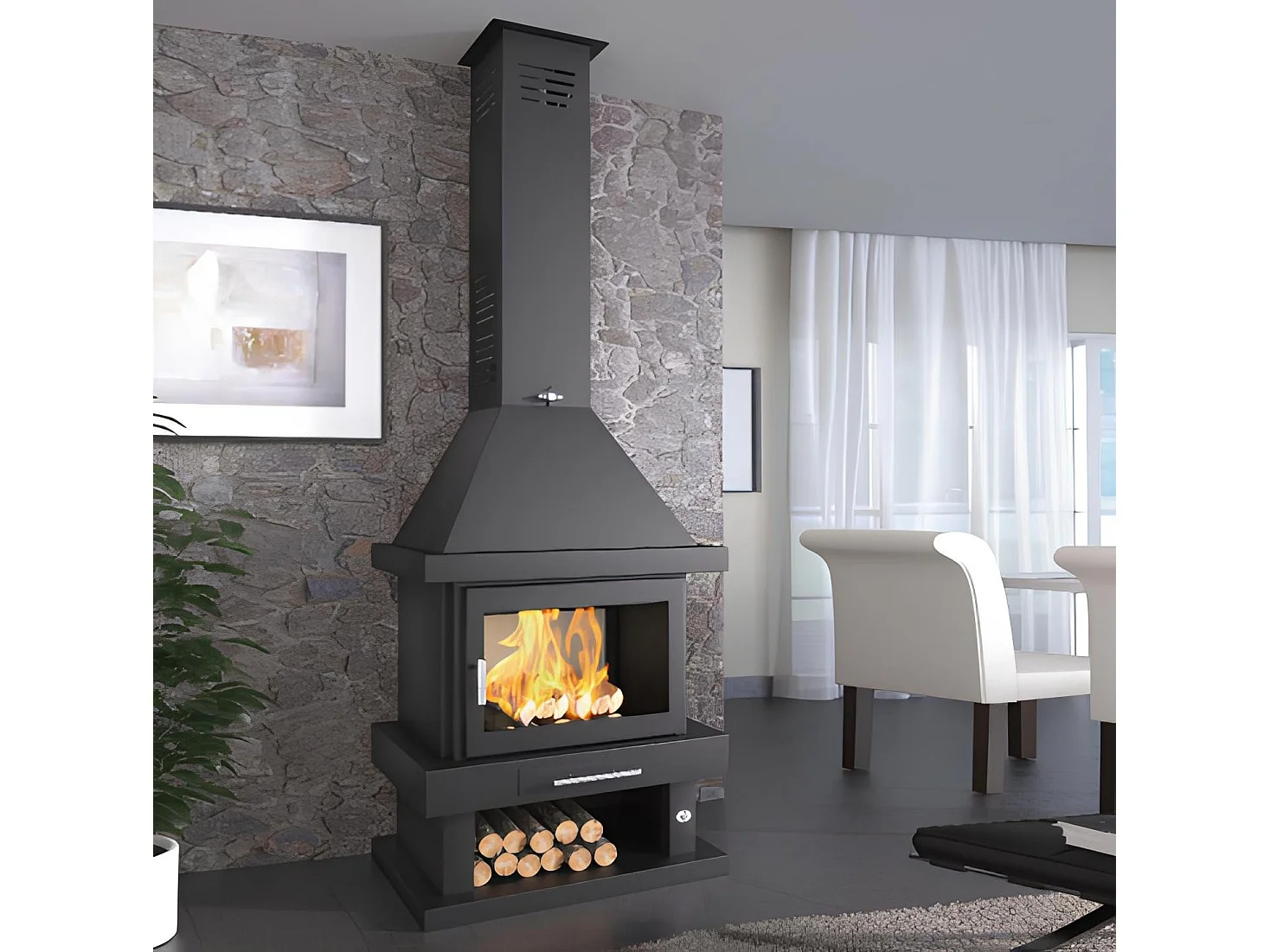 Cheminée à bois en acier, bûcher inférieur - Lignéo - intérieur en vermiculite