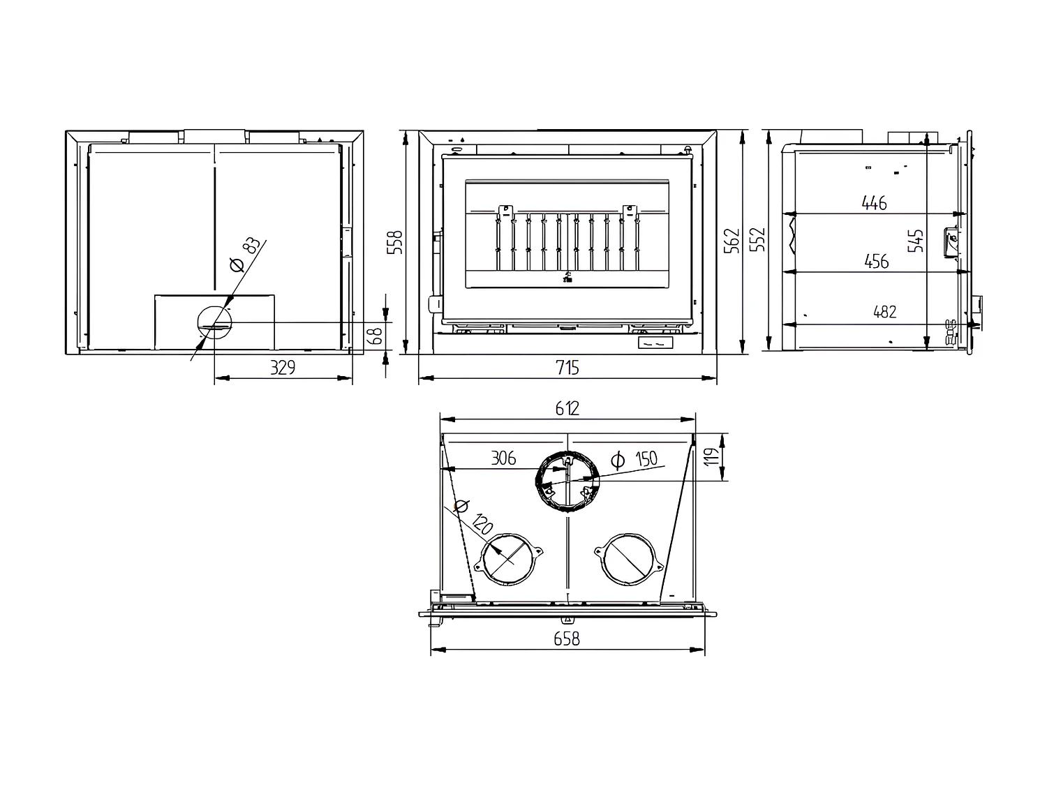 Insert à bois en acier - Caldera - Intérieur en fonte + Verre sérigraphié