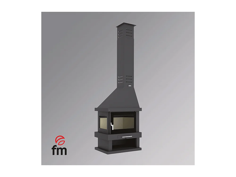 Cheminée à bois de coin gauche en acier avec bûcher inférieur - Calorana - Intérieur en vermiculite + Verre sérigraphié sur la porte uniquement