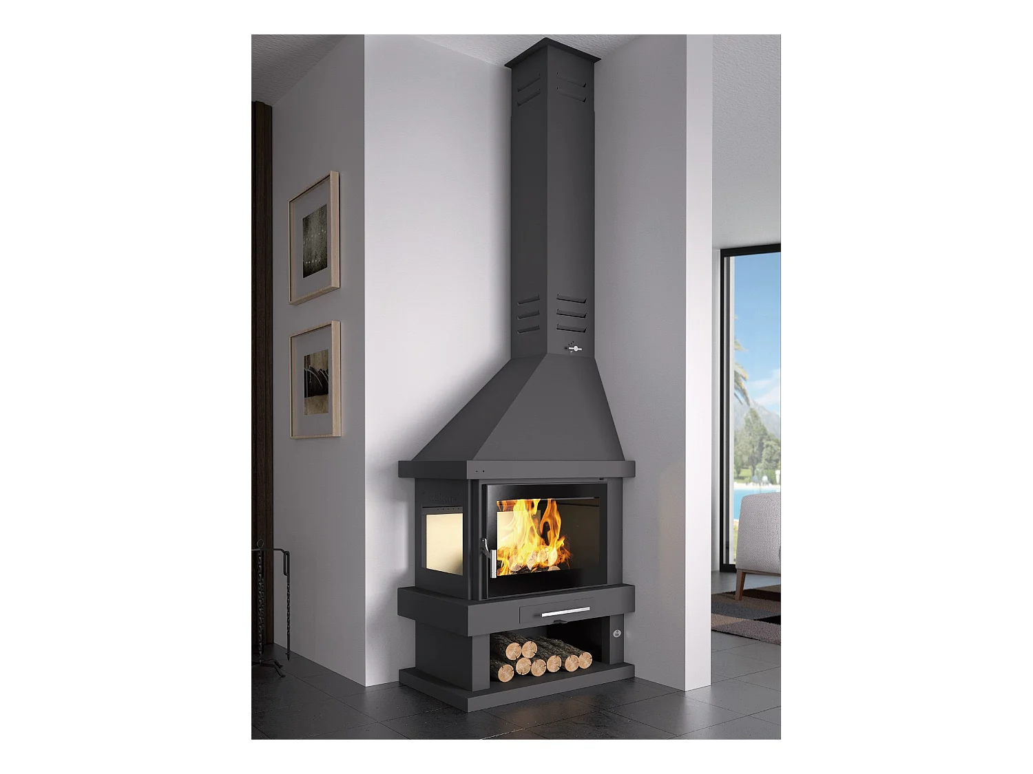 Cheminée à bois de coin gauche en acier avec bûcher inférieur - Calorana - Intérieur en vermiculite + Verre sérigraphié sur la porte uniquement