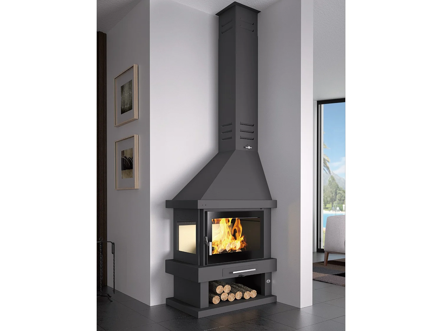 Cheminée à bois de coin gauche en acier avec bûcher inférieur - Calorana - Intérieur en vermiculite + Verre sérigraphié sur la porte uniquement