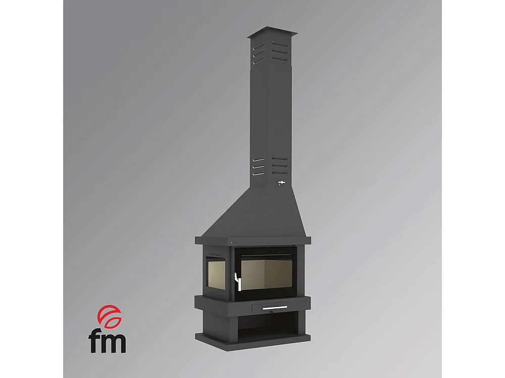Cheminée à bois de coin gauche en acier avec bûcher inférieur - Calorana - Intérieur en vermiculite + Verre sérigraphié sur la porte uniquement