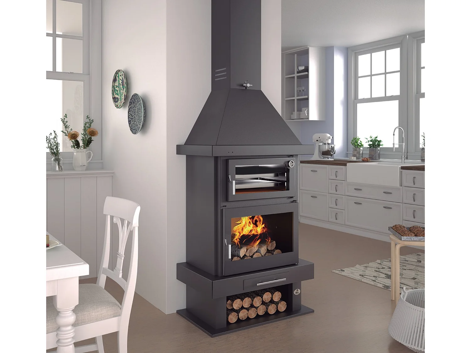 cheminée à bois en acier avec four supérieur, bûcher inférieur - Cuir&Feu