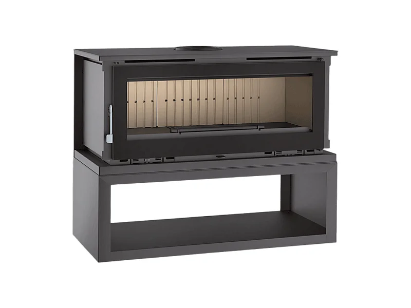 Poêle-cheminée en acier sur bûcher sans turbines, foyer en vermiculite, verre serigraphié - FoyerSignature