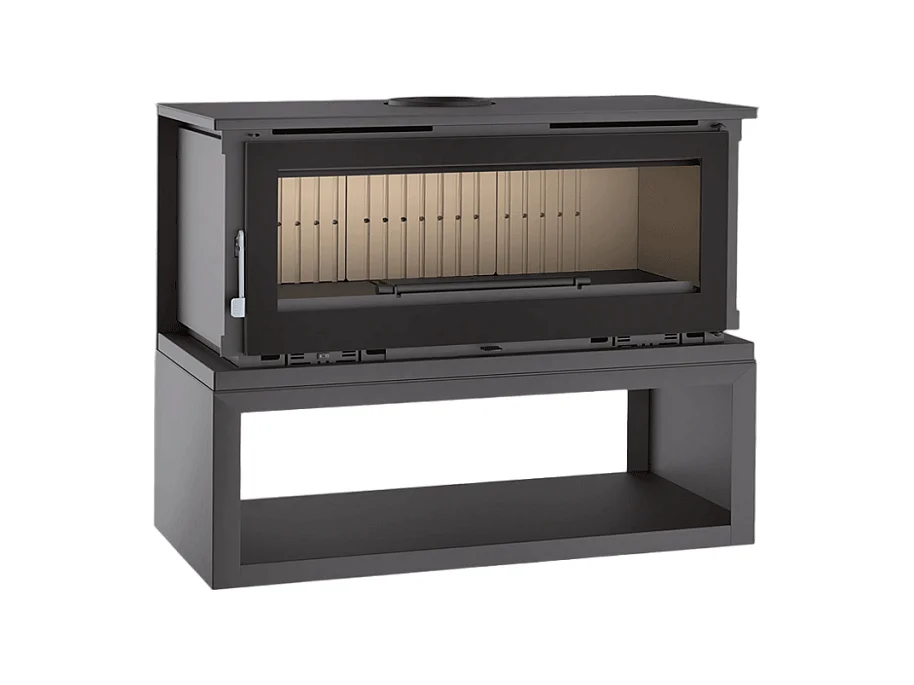 Poêle-cheminée en acier sur bûcher sans turbines, foyer en vermiculite, verre serigraphié - FoyerSignature
