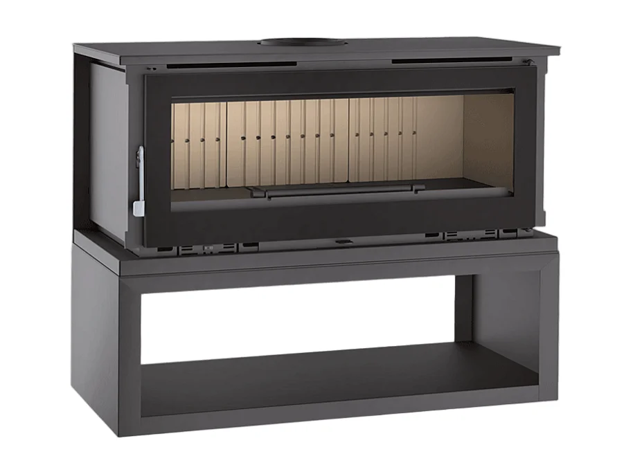 Poêle-cheminée en acier sur bûcher sans turbines, foyer en vermiculite, verre serigraphié - FoyerSignature