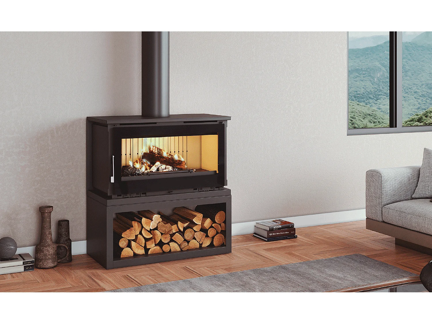 Poêle-cheminée en acier sur bûcher sans turbines, foyer en vermiculite, verre serigraphié - FoyerSignature