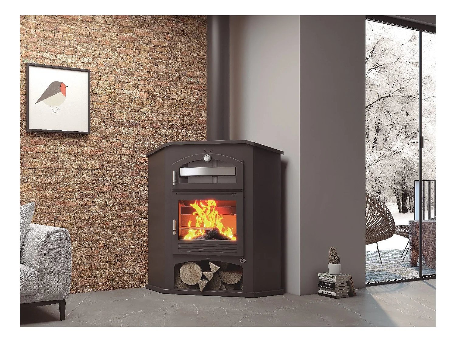 Poêle à bois de coin en acier, Four supérieur de face, bûcher inférieur - FlammaNova