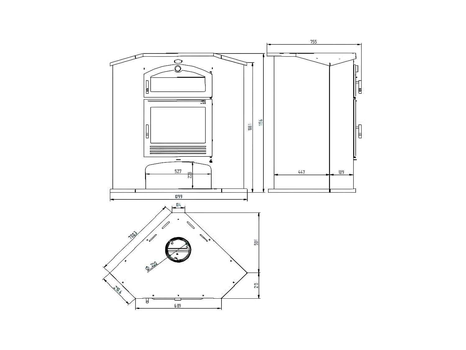 Poêle à bois de coin en acier, Four supérieur de face, bûcher inférieur - FlammaNova