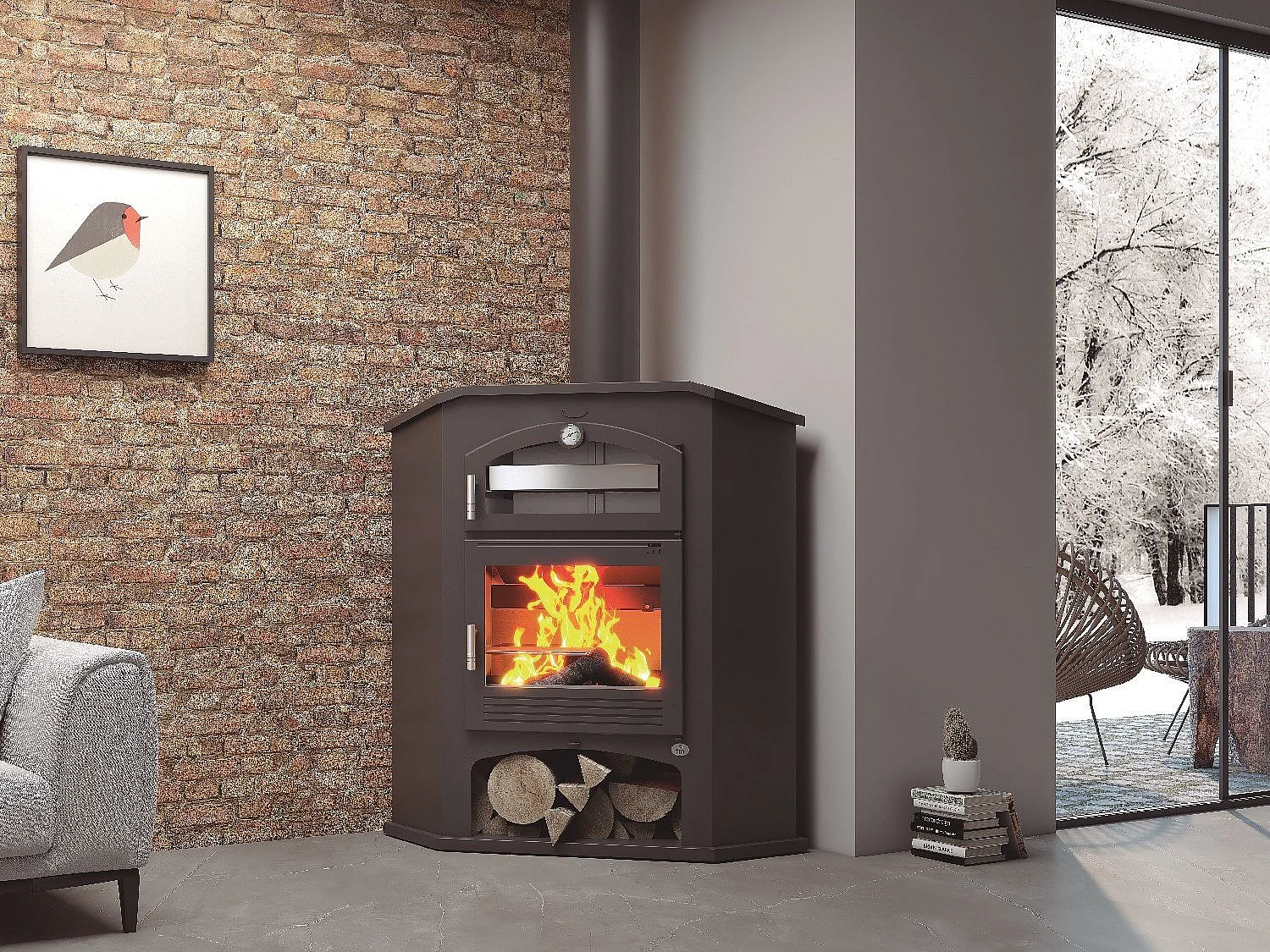 Poêle à bois de coin en acier, Four supérieur de face, bûcher inférieur - FlammaNova