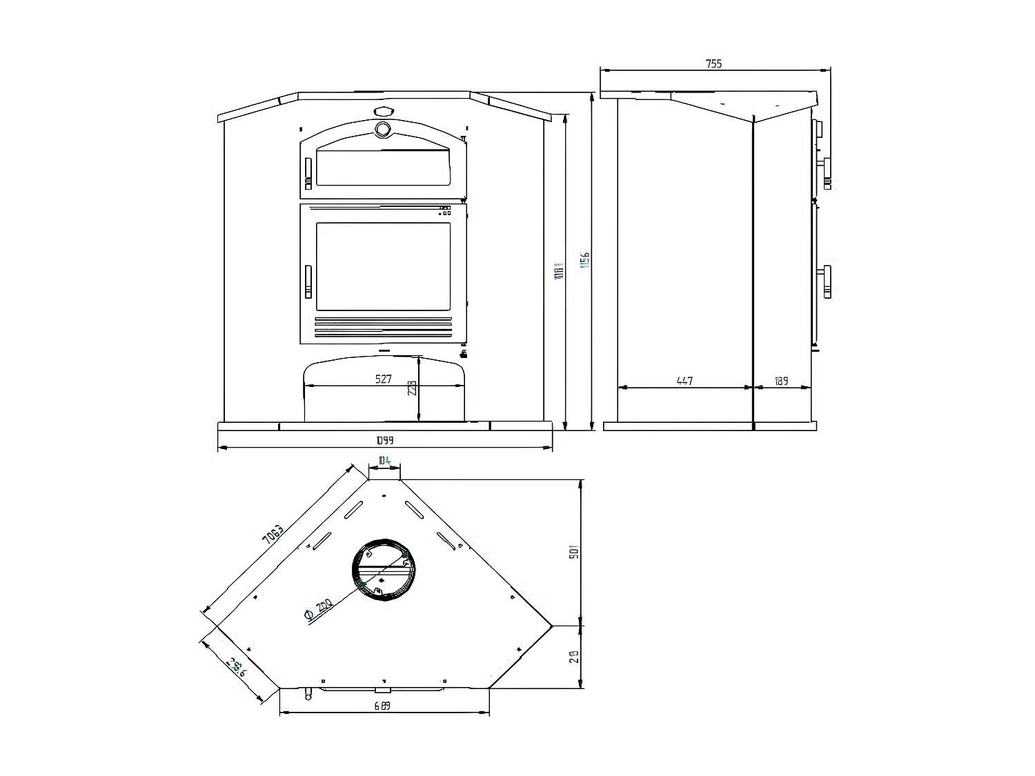 Poêle à bois de coin en acier, Four supérieur de face, bûcher inférieur - FlammaNova