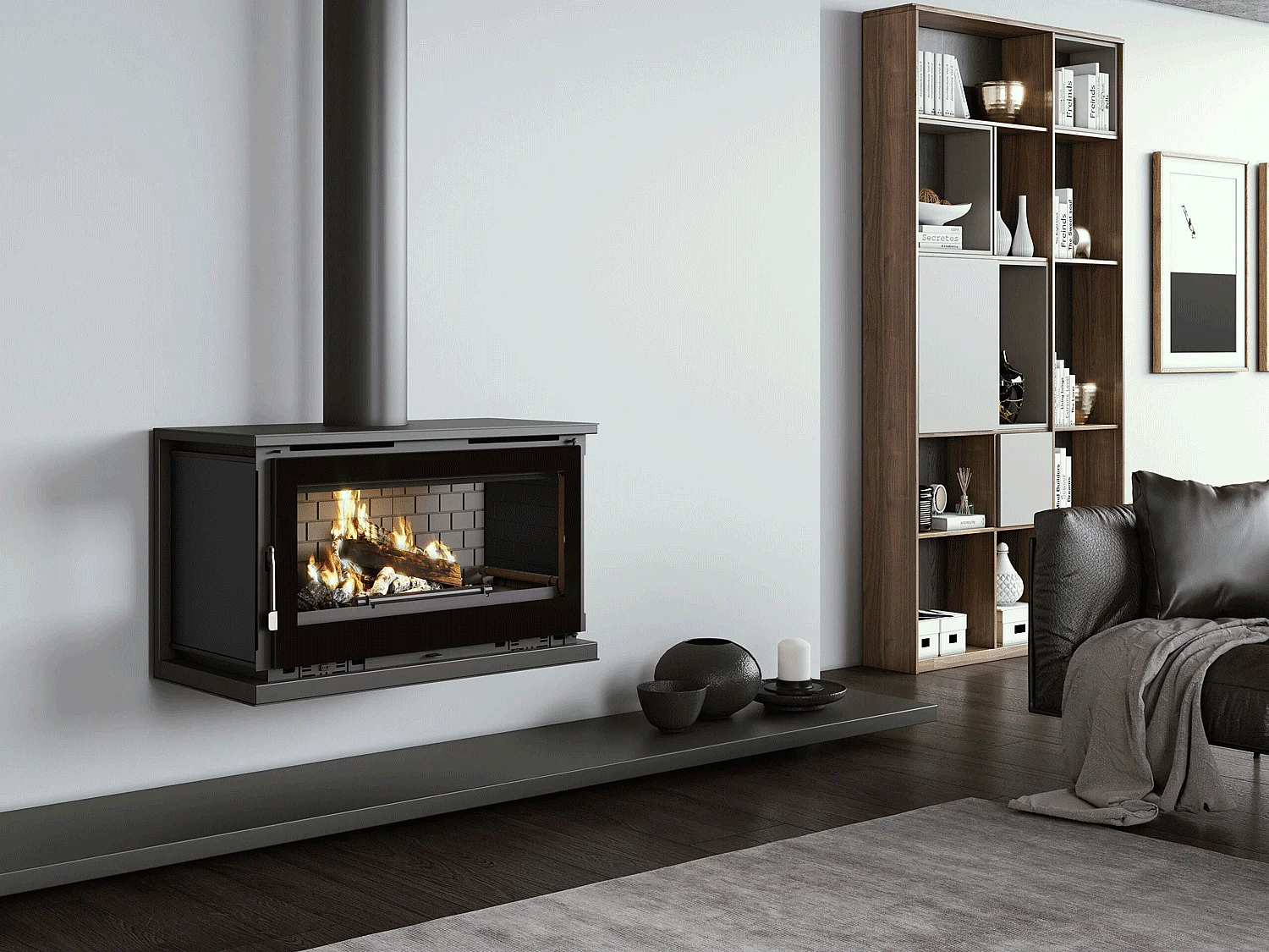 Poêle-cheminée à suspendre, avec turbines, verre serigraphié- ArboFire - Intérieur en fonte