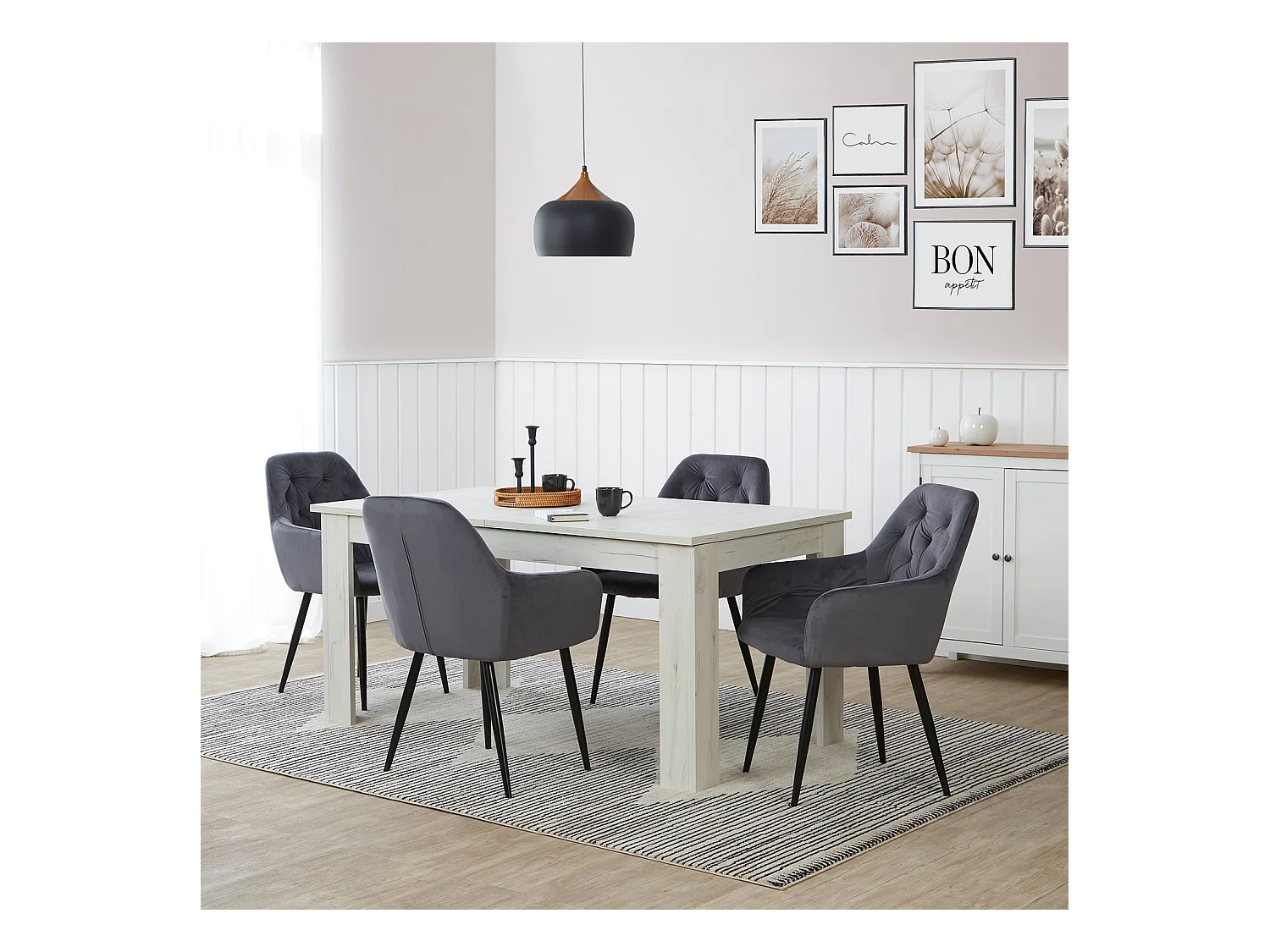 Table à manger 160x90x76 cm velours blanc gris