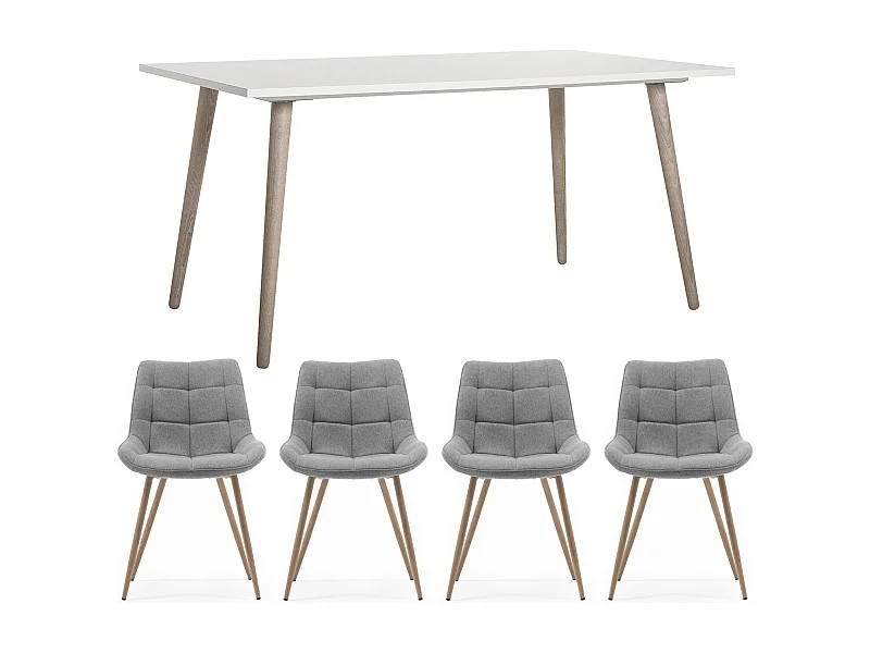 Mesa de comedor y sillas 160x90x75 cm blanca y natural, mesa de cocina extensible con sillas tapizadas en antracita