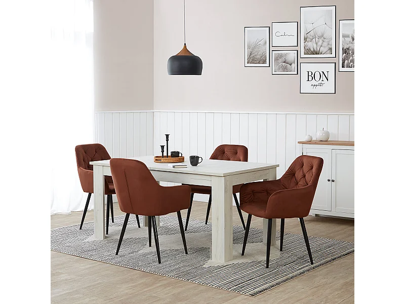 Ensemble table à manger et chaises - 160x90 cm, extensible à 200 cm, marron et blanc - Table en bois avec 4 chaises en velours