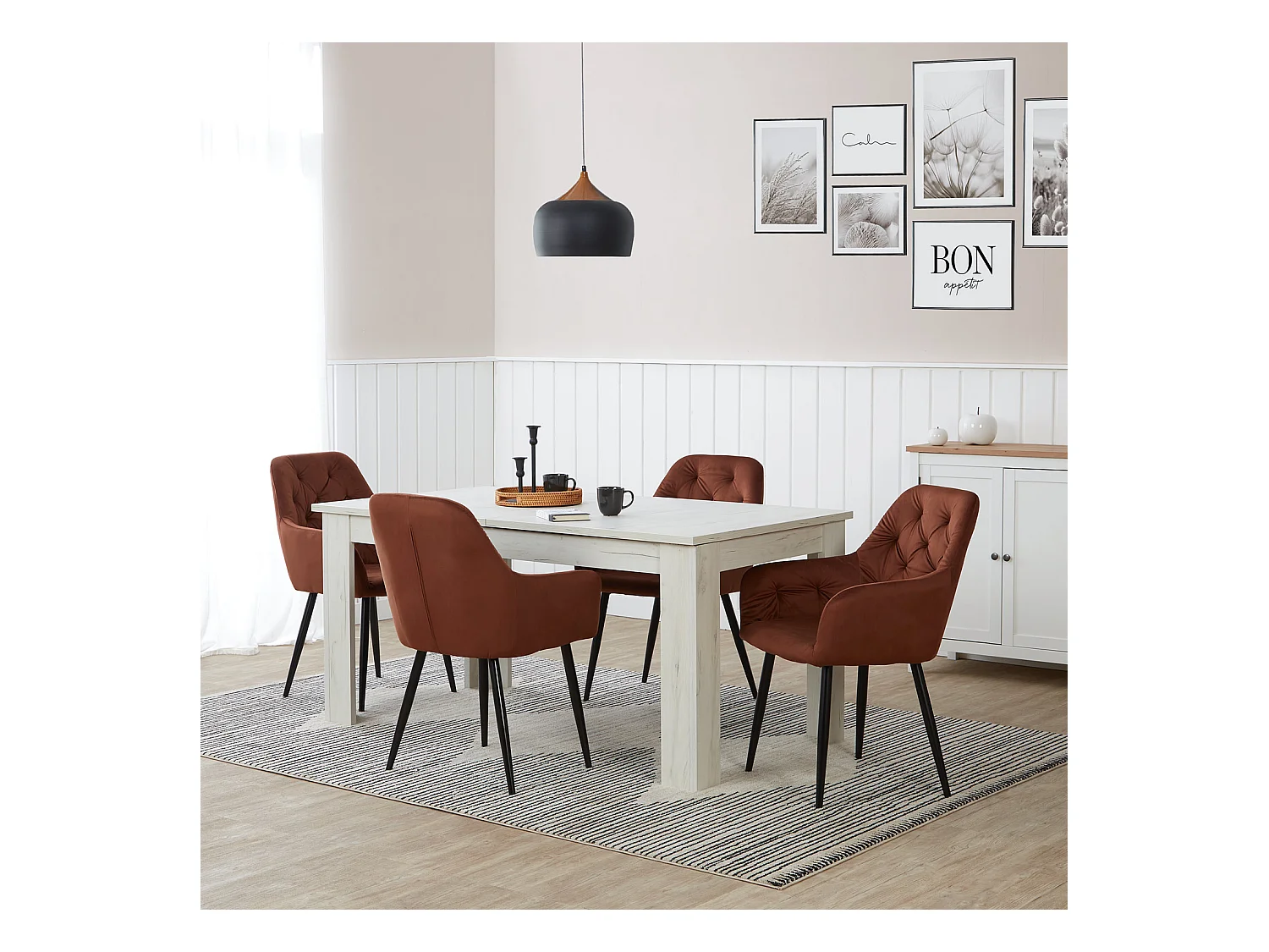 Ensemble table à manger et chaises - 160x90 cm, extensible à 200 cm, marron et blanc - Table en bois avec 4 chaises en velours