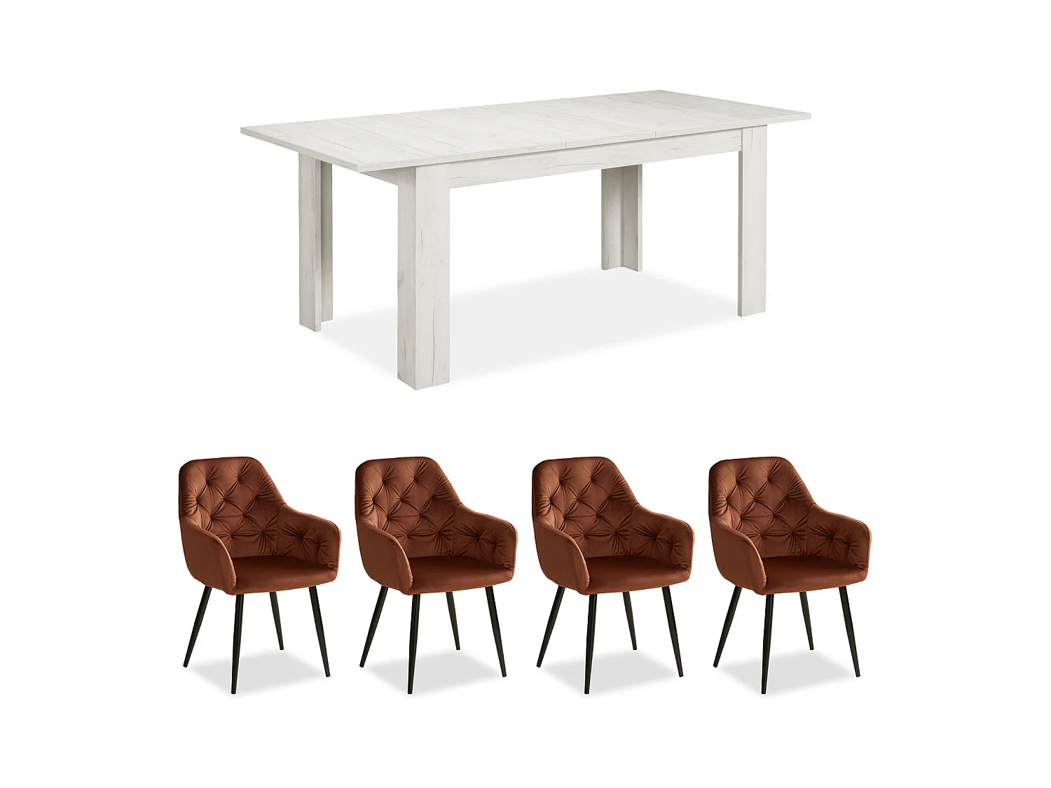 Ensemble table à manger et chaises - 160x90 cm, extensible à 200 cm, marron et blanc - Table en bois avec 4 chaises en velours