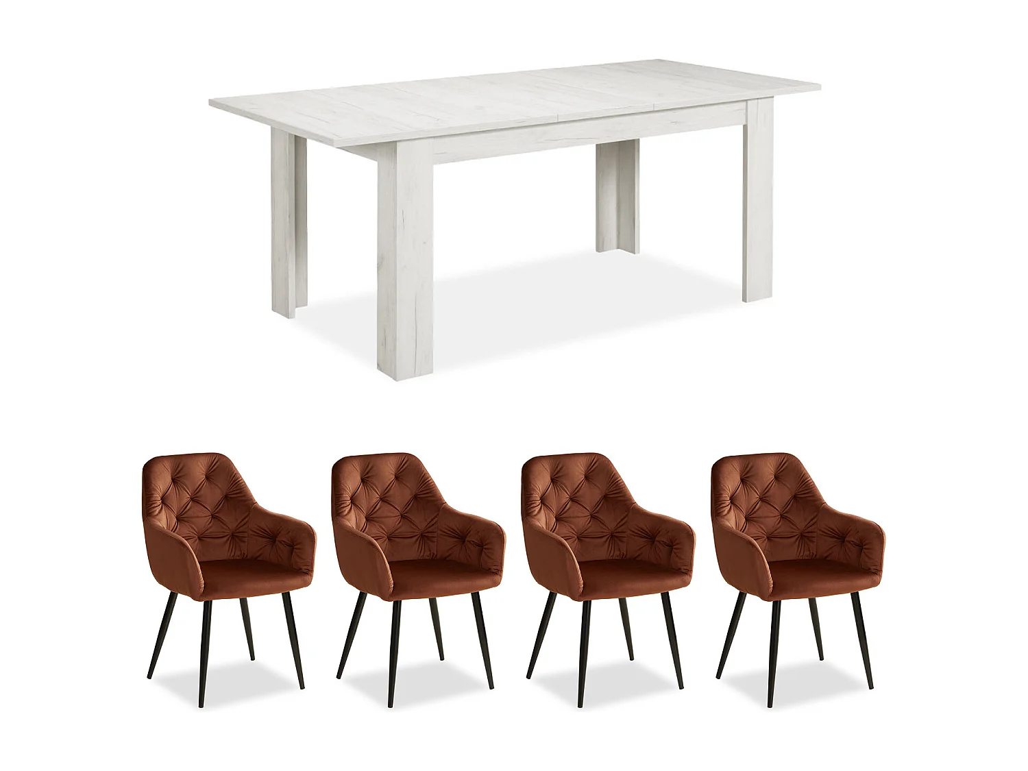 Ensemble table à manger et chaises - 160x90 cm, extensible à 200 cm, marron et blanc - Table en bois avec 4 chaises en velours