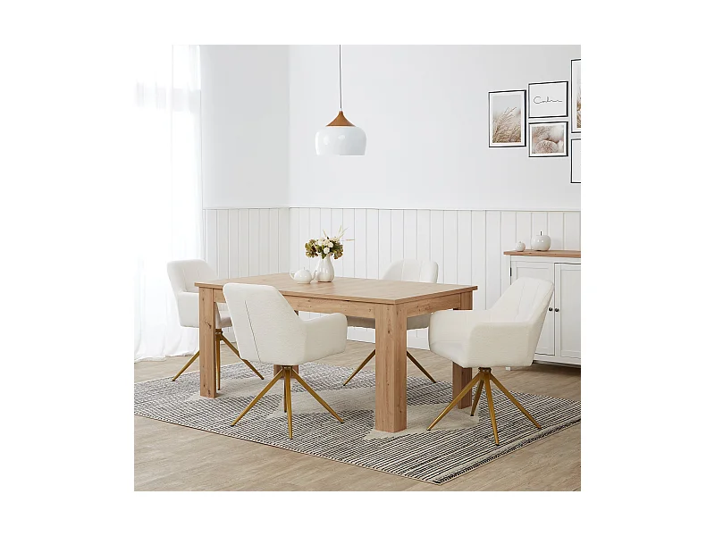 Table à manger 160x90x76 cm bois chêne naturel moderne avec 4 chaises beige bouclé